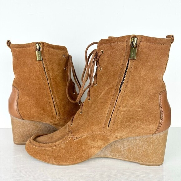 Michael Kors Lace Up Wedge Suede Leather Booties Brown Women's Size 10 - Picture 3 of 8
